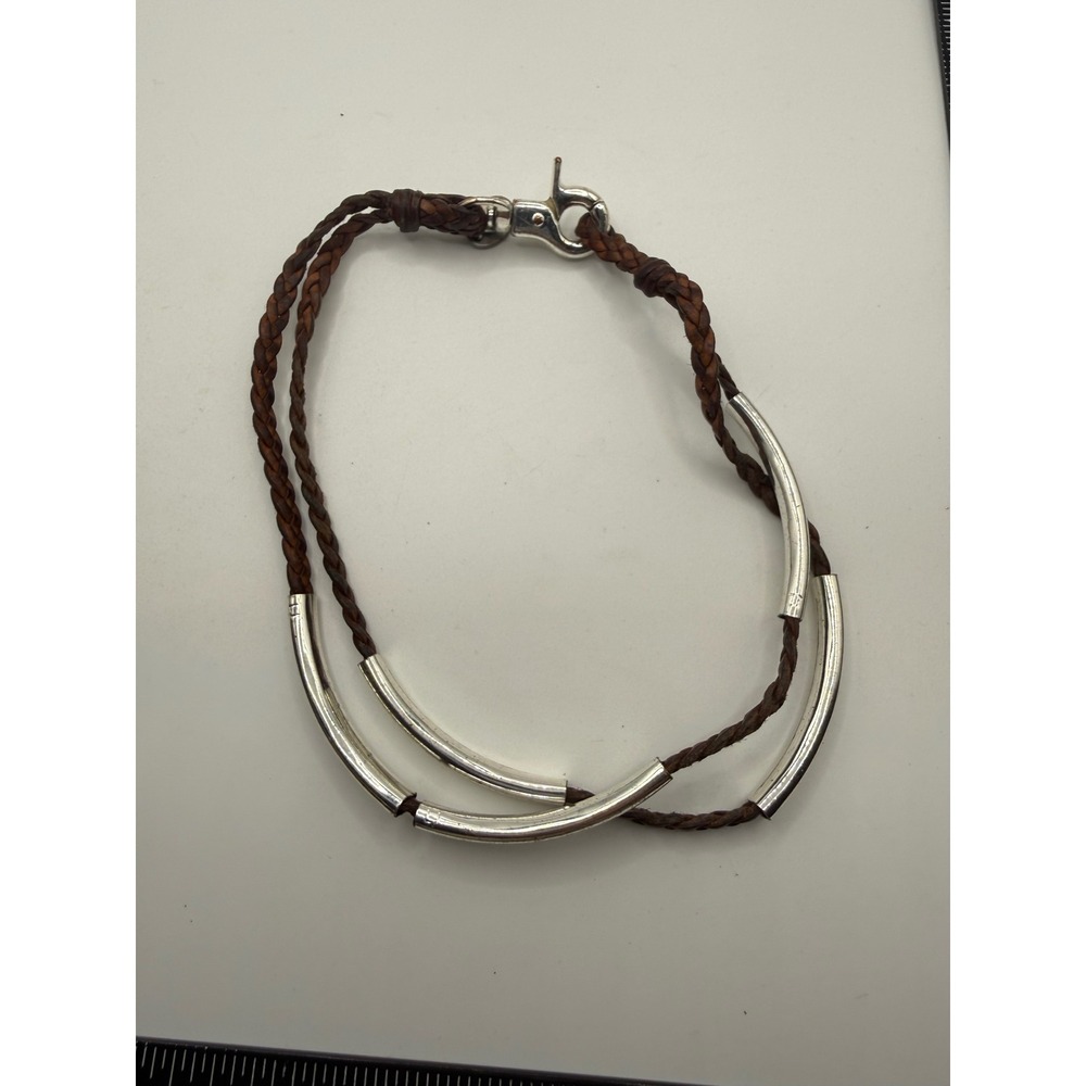 Lizzy James Brown Braided Leather Silver Tube Wrap Bracelet Necklace Handmade